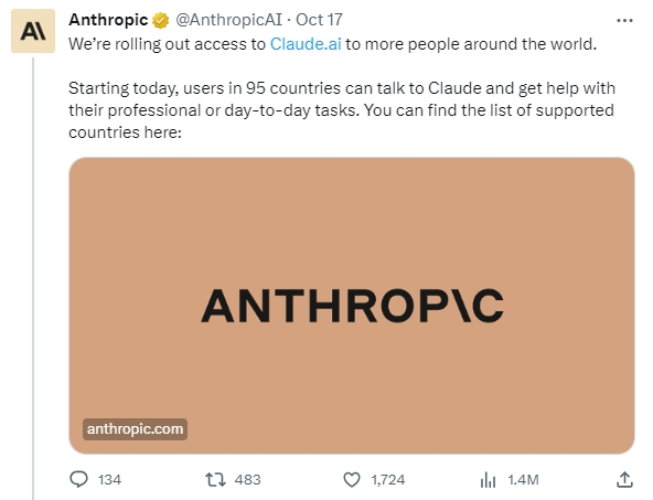 Anthropic:Claude已向95個(gè)國家/地區(qū)的用戶開放