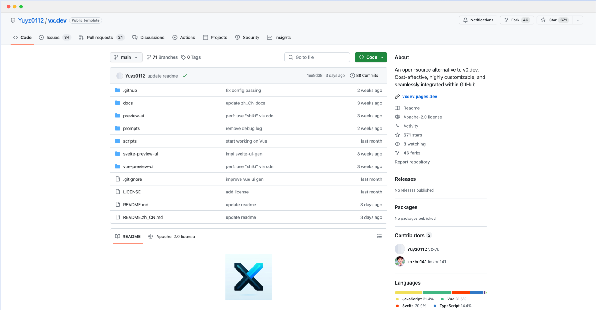 vx.dev-v0.dev開源替代品,可與GitHub無縫集成