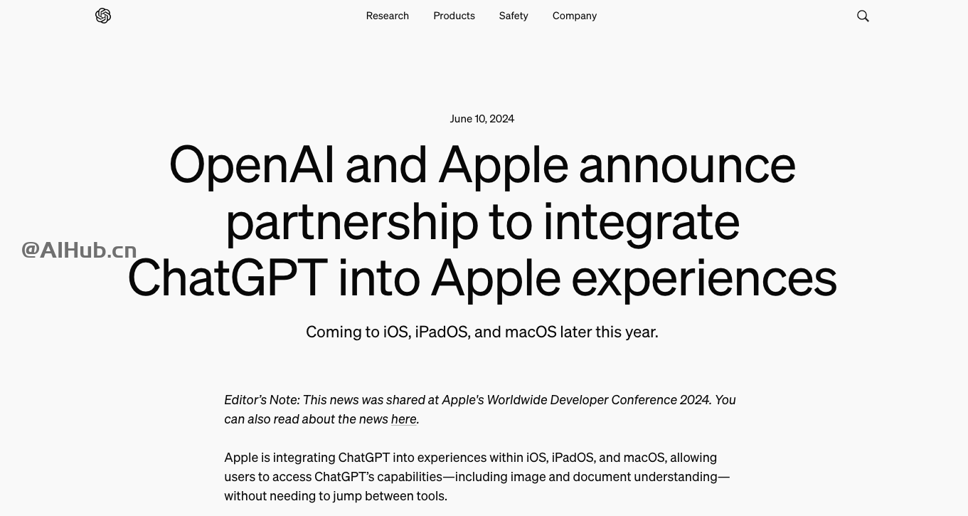 重磅!OpenAI與蘋(píng)果合作,將ChatGPT集成在iOS 18中